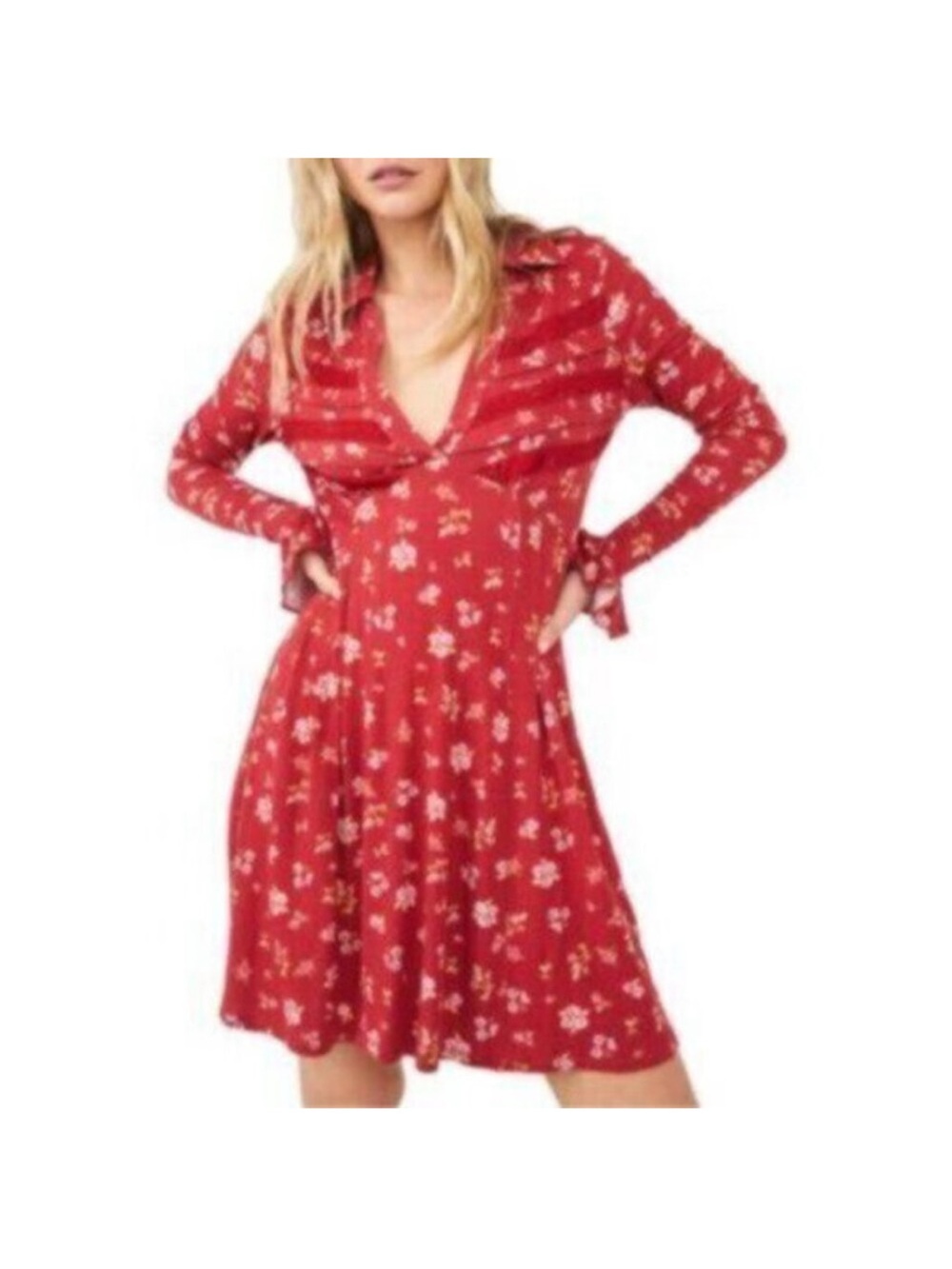 Free people ❤️Red Floral Long-Sleeve V-Neck Dress
